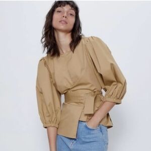 Zara Poplin Balloon Sleeve Wrap Top, Tan Beige, Size Large